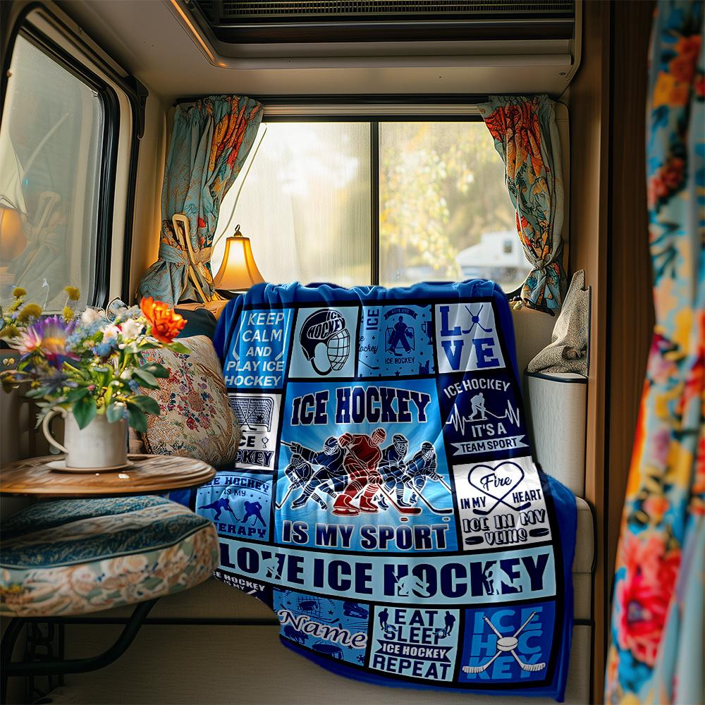 Ice Hockey Passion And Team Spirit Design Blanket Personalized Name Soft Comfortable Stylish Blanket Car Blanket Perfect For Travel Camping Outdoor