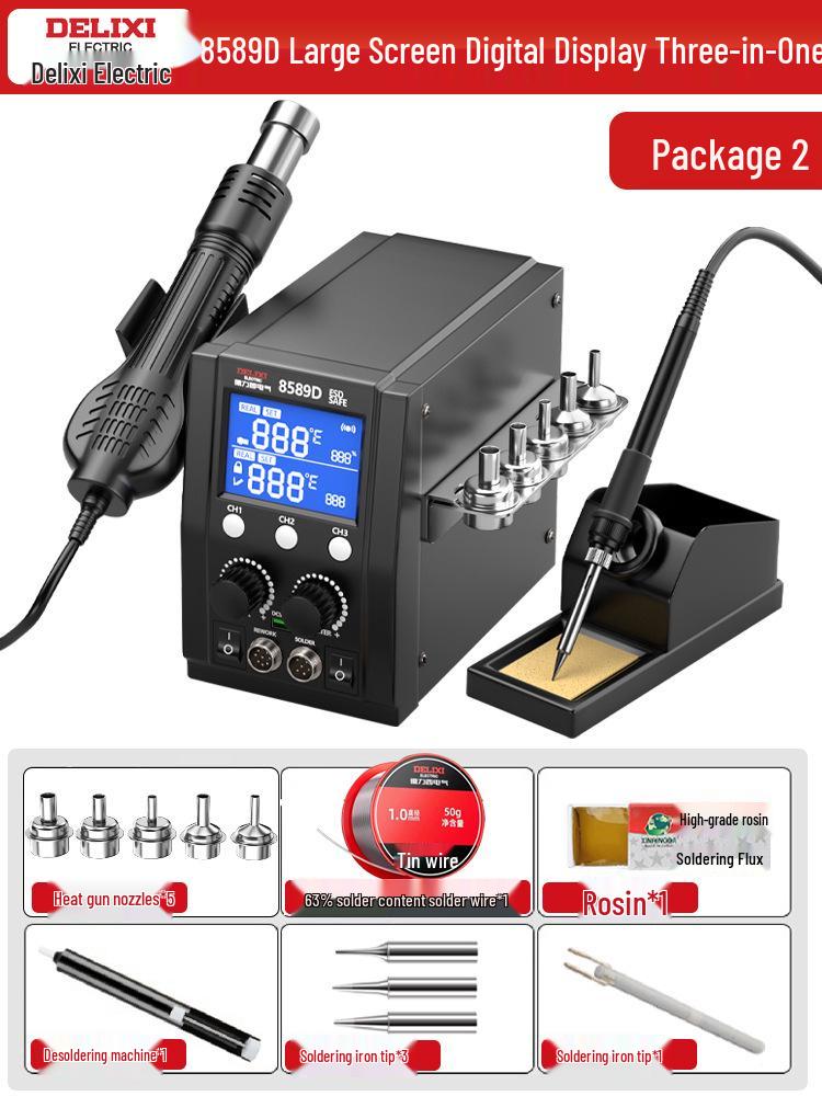 Delixi Electric 2-in-1 Soldering and Desoldering Station with Hot Air Gun and Worktable