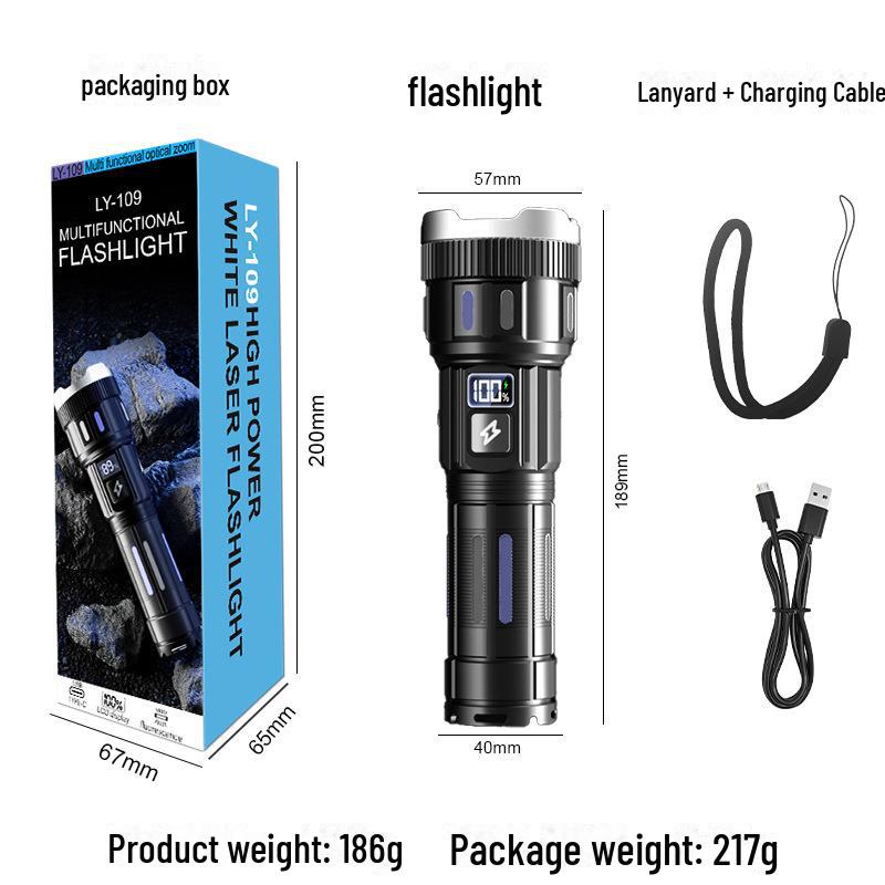 High-Power Rechargeable White Laser Flashlight with Digital Display for Outdoor Use