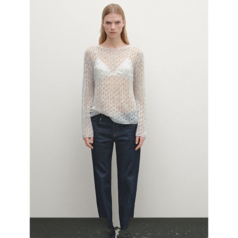 MD Women Clothes Spring French Style Art Sweater Light Hollow Cover Up Round Neck Long Sleeve Knit 05639612811