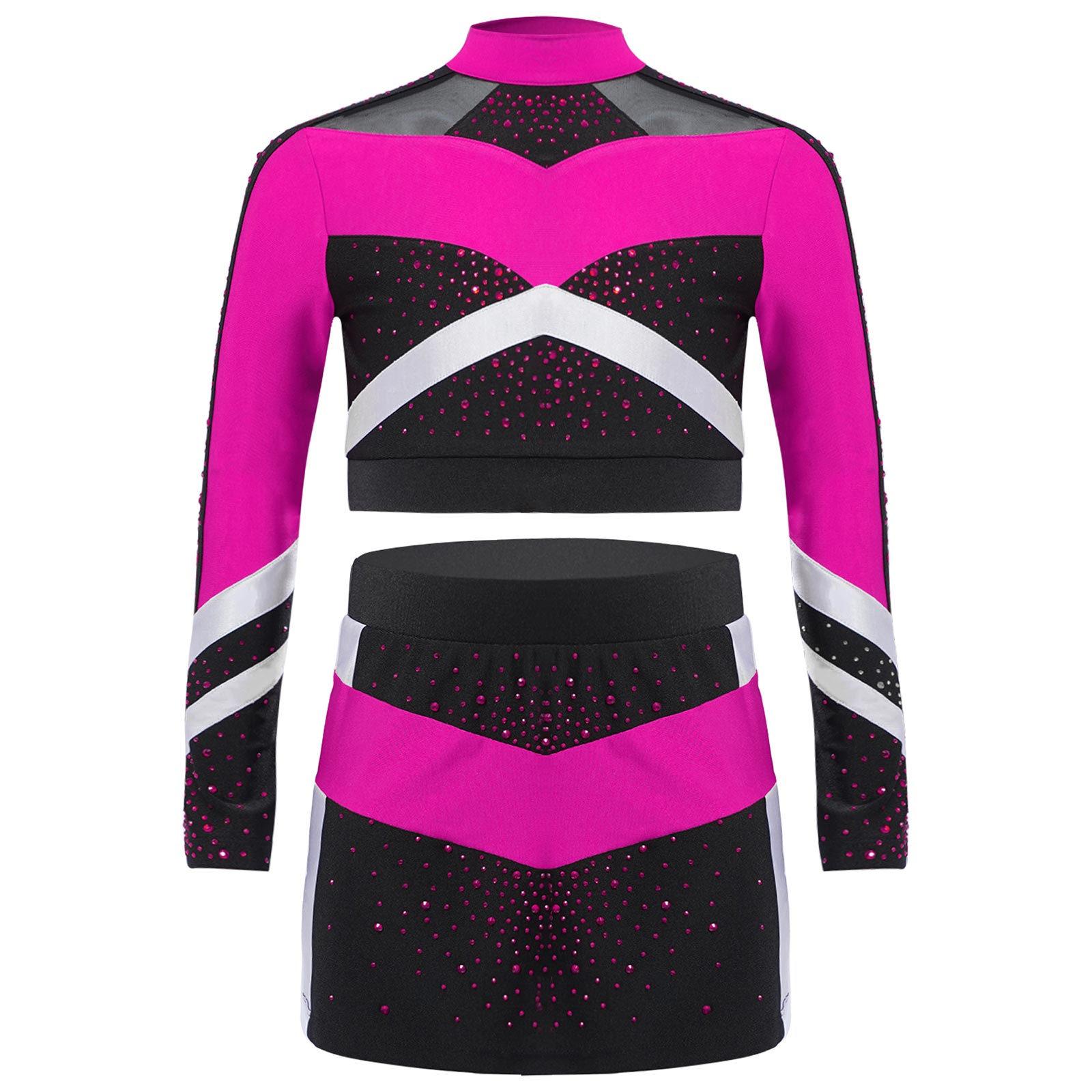 

Girls Cheerleading Outfit Mock Neck Long Sleeve Rhinestones Crop Top Side Slit Skirt 5-6 Years