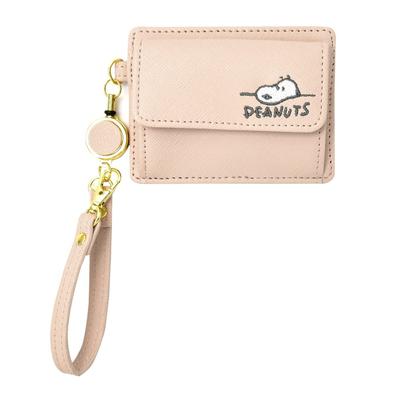 Snoopy Coin Case, Pass Case, Coin Purse, Embossed Synthetic Leather, PU Leather, Compact, with Reel, Strap, Card Case, Beige (SPZ-3018) Snoopy0115