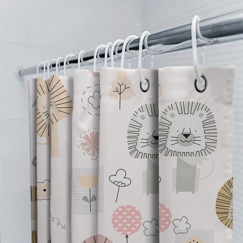 Cute Cartoon Animal Print Shower Curtain With Lion Design For Bathroom Decor Cream White Floral Kawaii Pattern Shower Curtains H