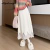 Elegant Fashion Autumn Winter Women Midi A-Line Skirt High Waist Beige Black Knitting Skirt Feminine Embroidery Lace Split Chic Skirt