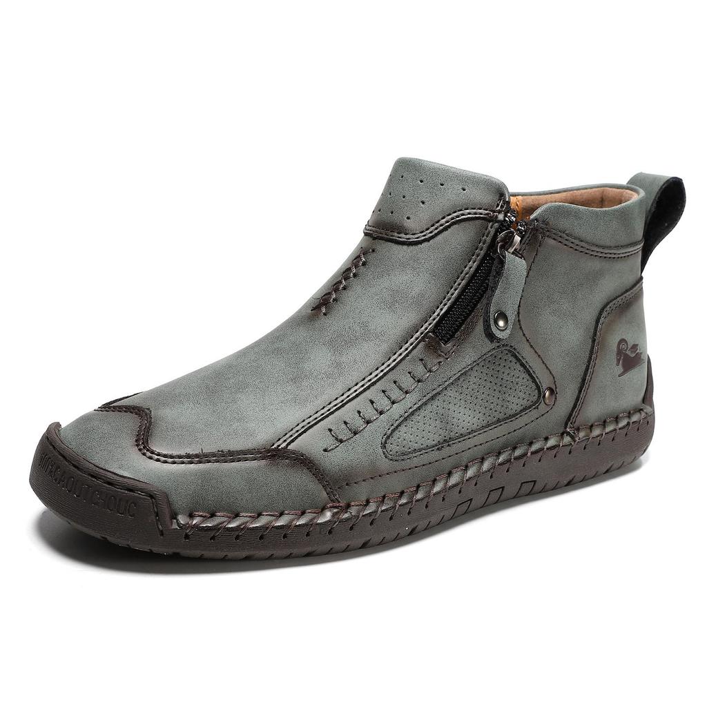 New Classic Handmade Leather Men's Shoes with Zipper Design Outdoor Sneakers Casual Flat Shoes Men Work Shoes Ankle Boots