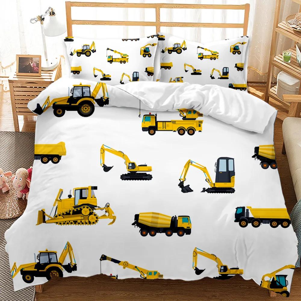 Engineering Car Duvet Cover Construction Vehicle Bedding Set Boys Excavator Dump Truck Cement Mixer Roller Polyester Qulit Cover