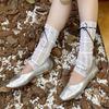 Womens Girls Summer See Through Striped Lace Leg Warmer Cute Ribbon Bowknot Lightweight Leg Cover Long Socks Stockings