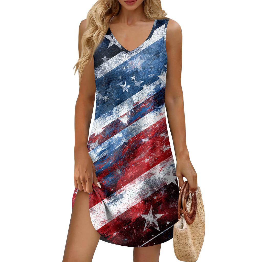 Women's Summer Casual Sun Skirt With Pocket V-Neck Independence Day Printed Loose Vest Dress