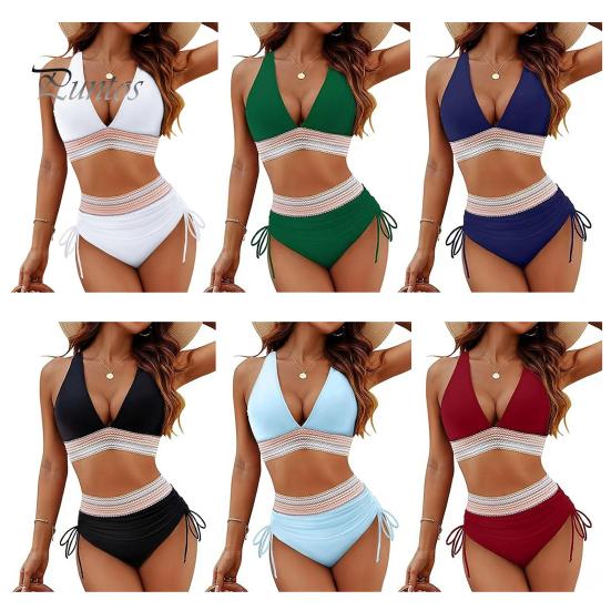 2Pcs/Set Women Bikini Set Sexy Deep V-Neck Swimming Bra High Waist Swimming Trunks Set Patchwork Color Swimsuit