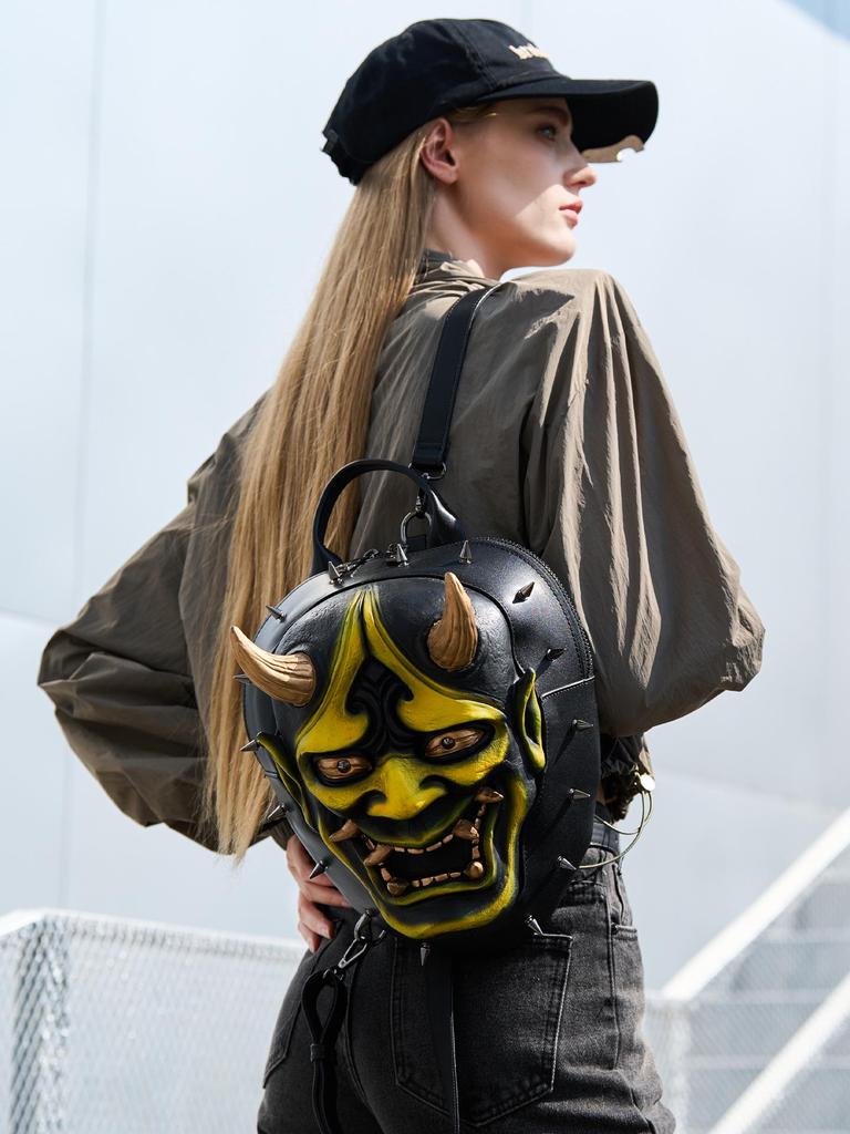 Punk Style Rivet Backpack with Prajna Mask Design for Men & Women