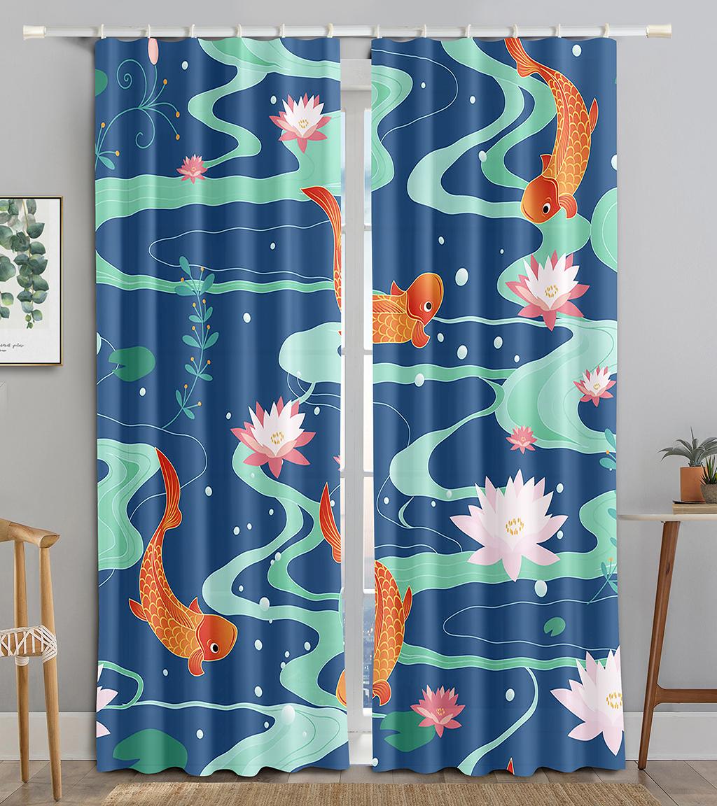 

Chinese Tradtional Gold Fish Sea WaveBlackout Window Panel Curtain designed for Living Room Space Bedroom Bathroom Kicthen Door Cupboard Decor Hooks W50 X H130(CM)X2&Grommet Top
