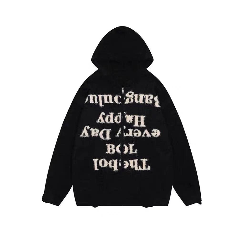 

Унисекс Ретро Уличный Рваный Вязаный Кардиган Худи на Молнии XXXL чёрный