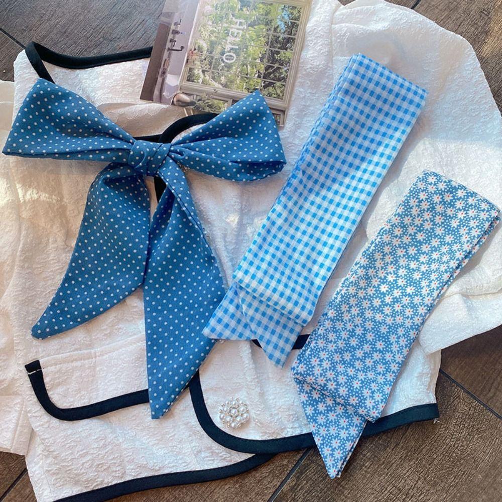 Polka Dot Ribbon Braids Headband Plaid Long Neck Scarves Light Blue Series Hair Band  Wedding