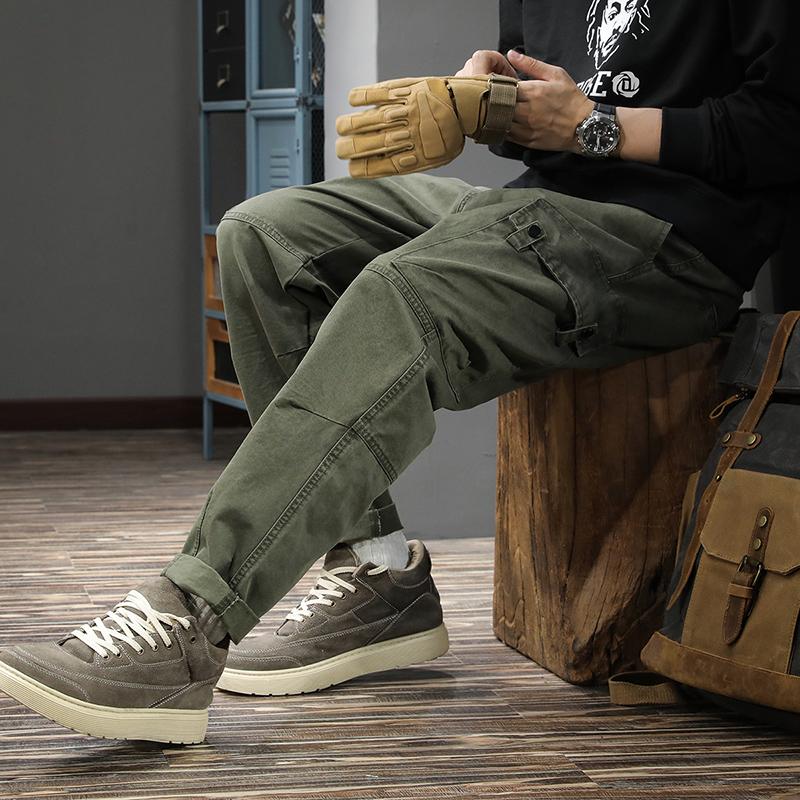 American trendy brand retro functional splicing overalls men's loose straight large size Harlan pants spring pure cotton casual pants