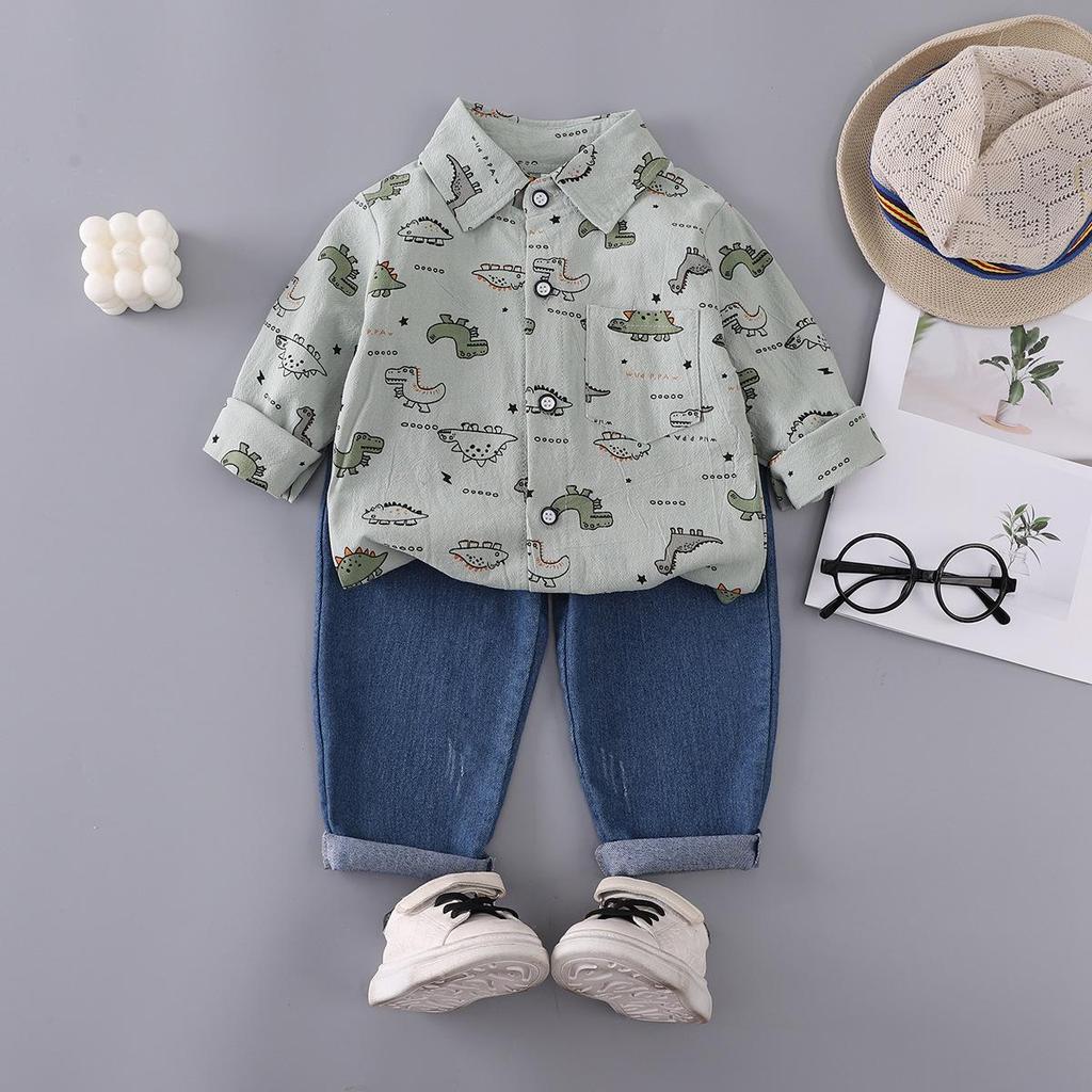 Boys' Dinosaur Print Two-Piece Set: Lapel Long Sleeve Top & Elastic Denim Pants