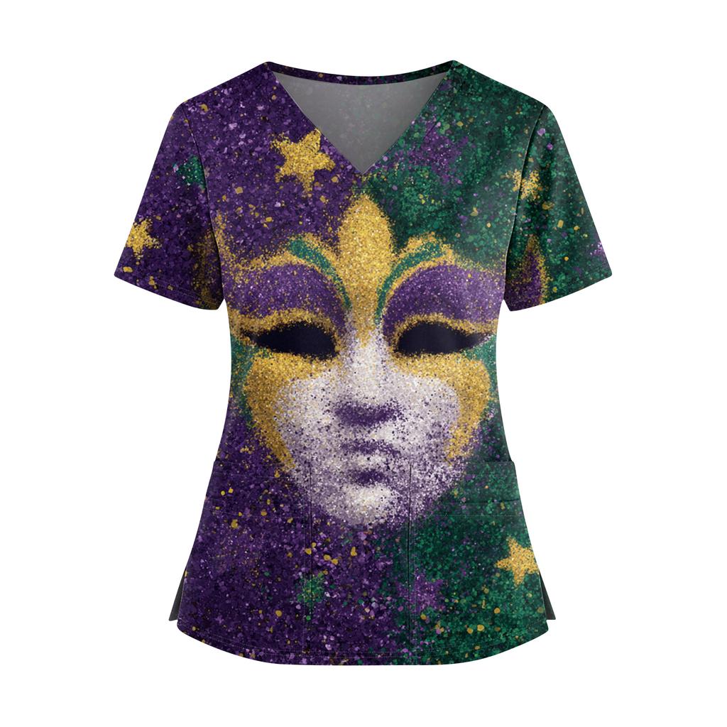 Women's Caregiver Printed V-Neck Double Pocket Short Sleeves Hem Slit Uniform Caregiver Top