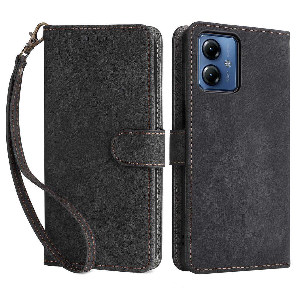 For Motorola Moto G14 4G Anti-Scratch Cell Phone Case Leather Stand Cover RFID Blocking Wallet Shell with Strap