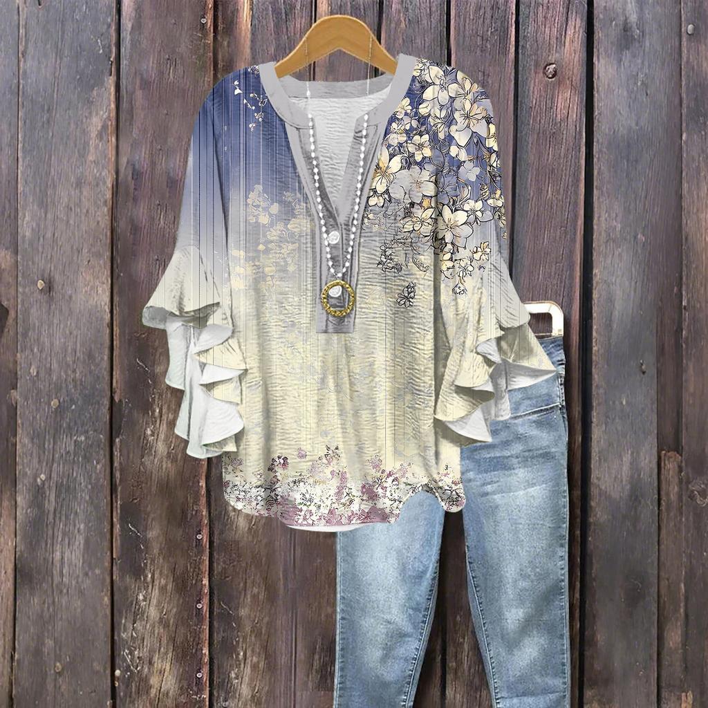Tops For Women Cute Button V Neck 3/4 Sleeve Blouses Print Top Casual Shirts