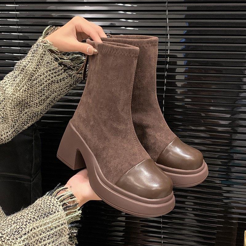 Retro Shoes, Thick-soled Dr. Martens Boots, New Versatile Women's Ankle Boots, Chunky Heels, Slimming Stretch Boots