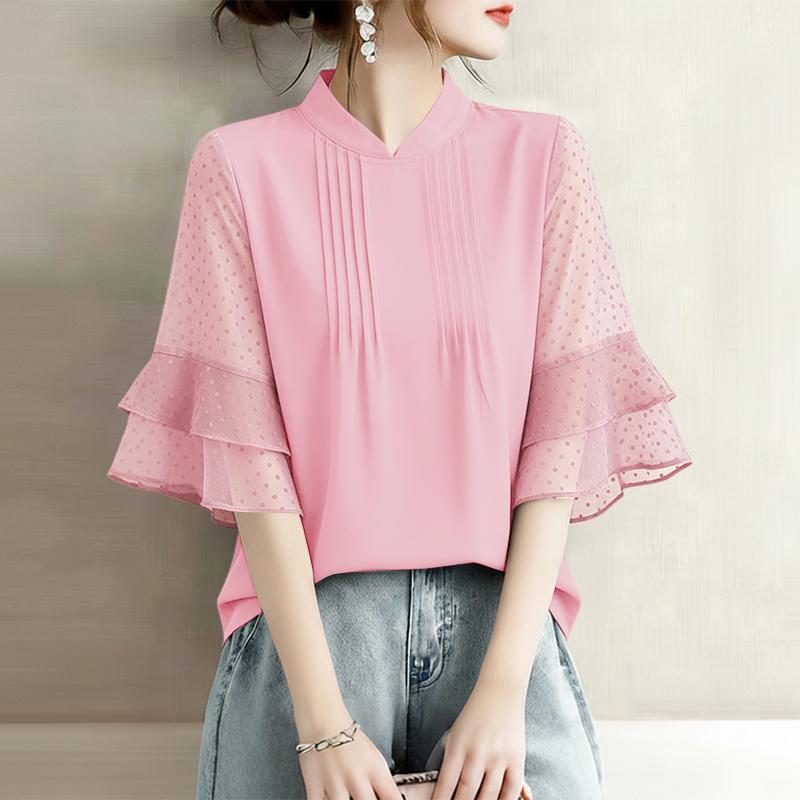 ZANZEA Women Casual Stand Collar Loose Sheer Mesh Splice 3/4 Sleeve Blouse