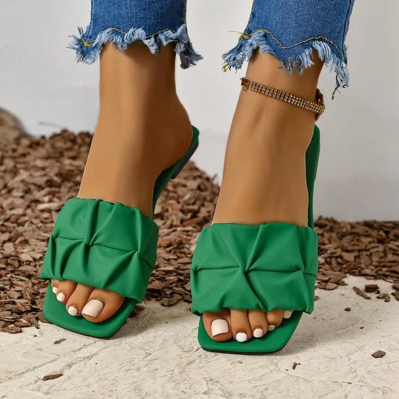 Fashion Shoes for Women 2024 Hot Sale Square Toe Women Slippers Summer Open Toe Solid Light Casual Flat Comfortable Large Size Slippers