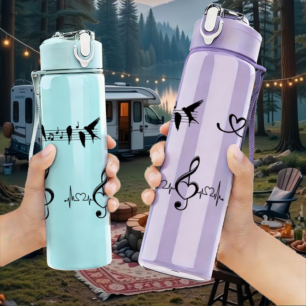 1PC Music Note Cat Art Graphic,750ml Color Plastic Sports Water Bottle,Leakproof Flip Straw Lid,Suitable for Sports Office Home Use