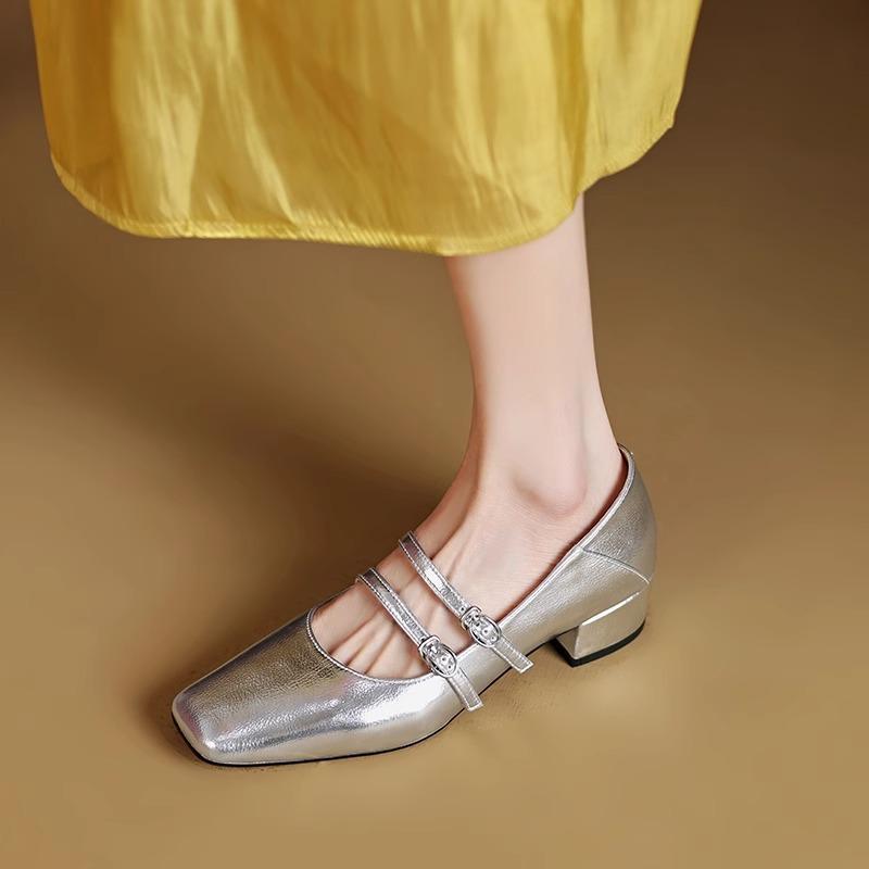 

Нежные ретро серебристые туфли Мэри Джейн с квадратным носком и толстым каблуком, новые маленькие кожаные туфли для женщин 40 серебряный