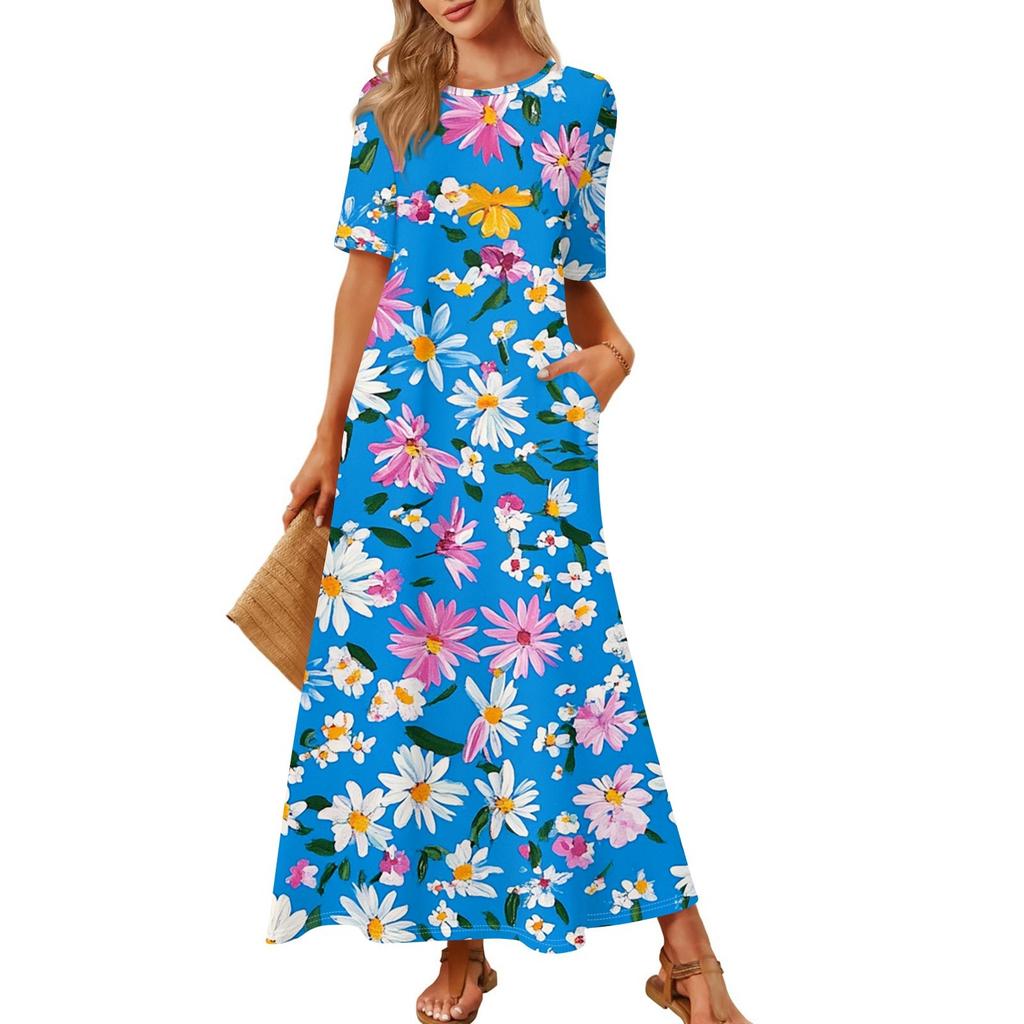 Dames Modieuze En Casual Lange Strandrok Ronde Hals Korte Mouwen Losse Retro Print Jurk