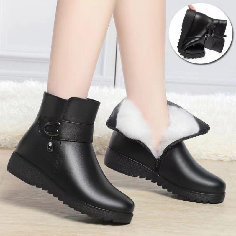 Plus-size Cotton Shoes for Moms, Women's Shoes, Soft Leather, Soft Soles, Boots for Women with Fleece