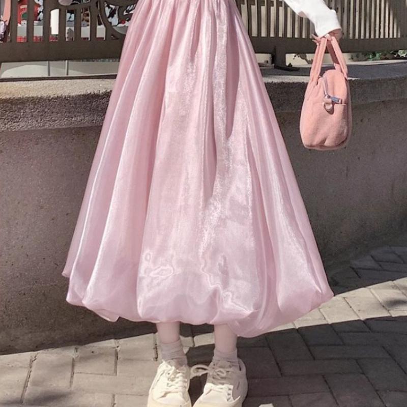 Women's Pink Half Skirt Spring Summer Autumn Mid-Length High-Waisted A-Line Luminous Tulle Skirt Pearlescent Puffy Bloom Skirt