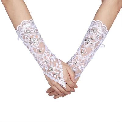 Vintage Syle Ivory Lace Flower Bride Bridal Rhinestone Sexy Fingerless Gloves Wedding Ivory