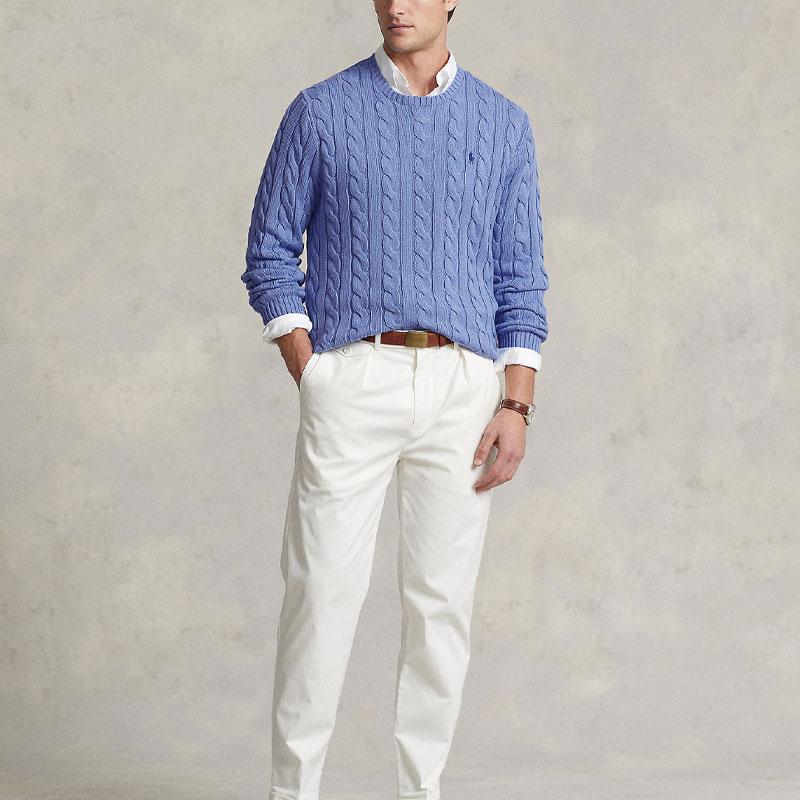 Polo Ralph Lauren FW22 Color Sólido Pequeño Pony Bordado Punto Cable Cuello Redondo Manga Larga Suéter Hombre suéter Azul 710775885-037
