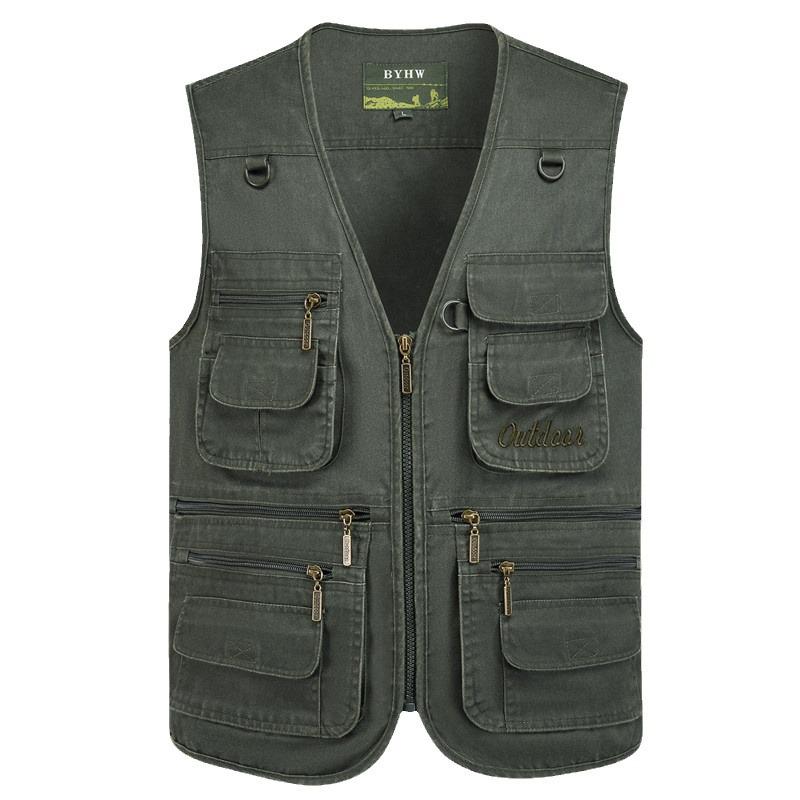 Men's Army Green Multi-Pocket Cotton Tank Top, Plus Size 10XL, Spring/Autumn Wear