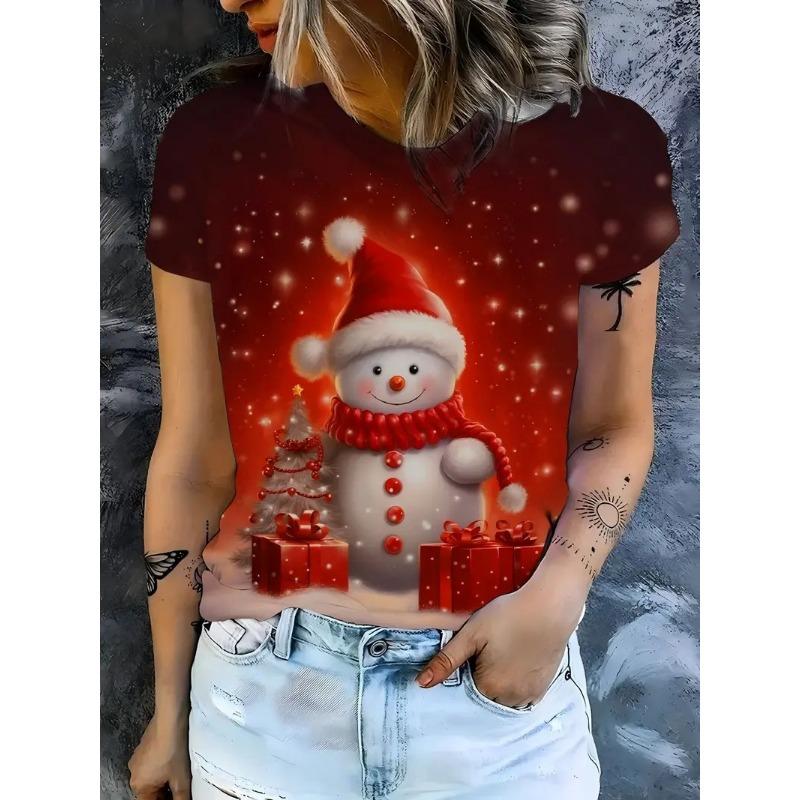 Christmas Gradient Reindeer 3D Print Pattern Women's T-shirt Fashion Christmas Party Round Neck Casual Holiday T-shirt Clothing