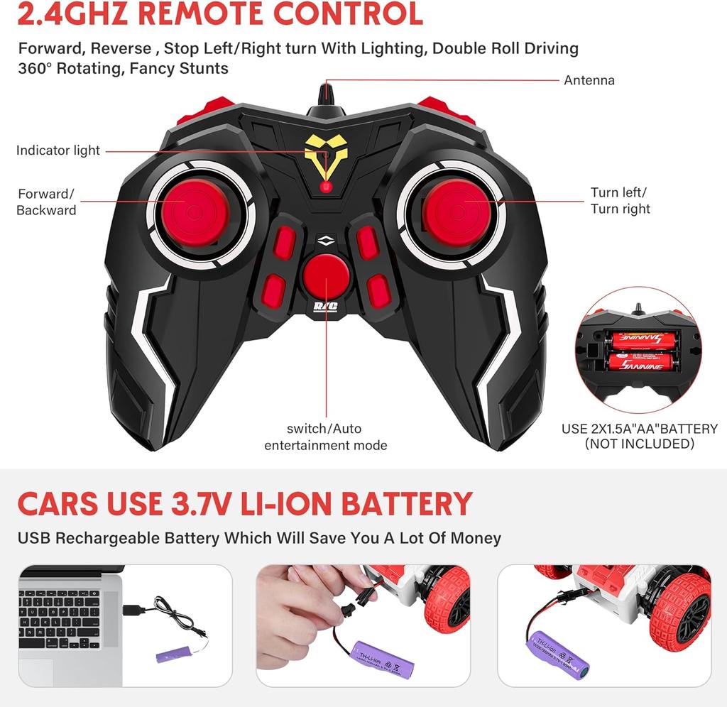 Remote Control Car, Double Sided RC Car, 4WD Off-Road Stunt Car with 360° Flips, 2.4Ghz Indoor/Outdoor