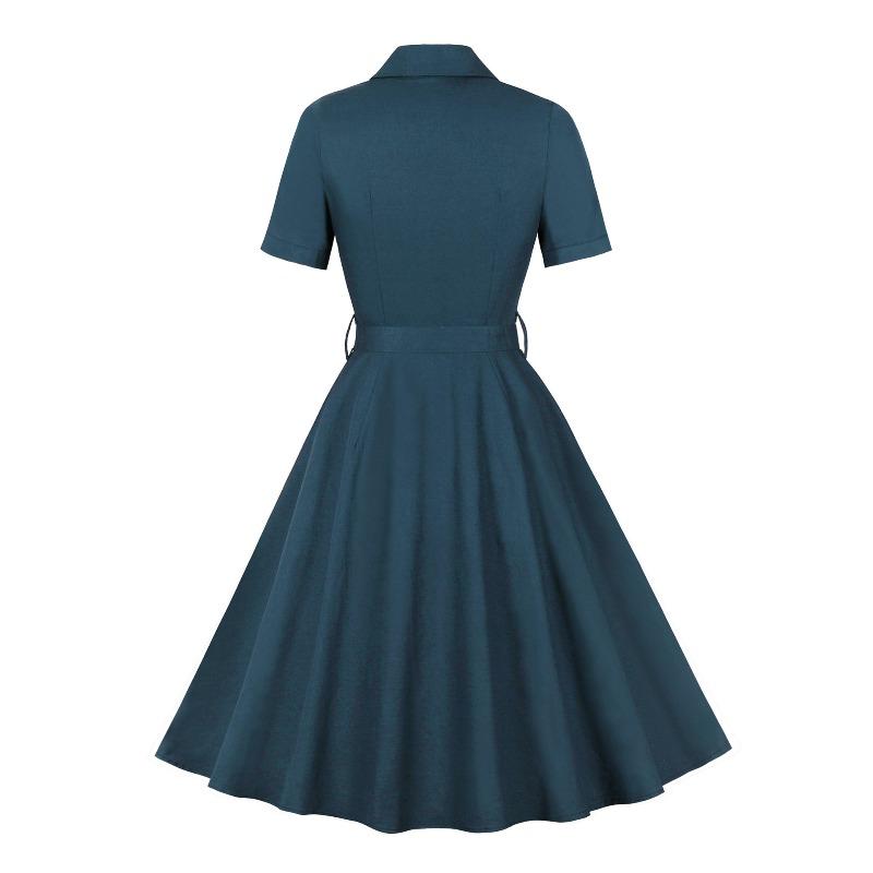 Women's Single-Breasted Wide-Skirted Retro-Style Waist-Cinched Solid-Colour Dress