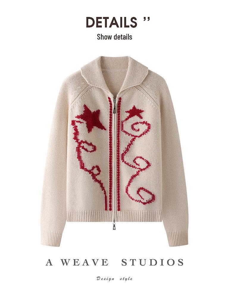 Jacquard Cashmere Cardigan - Women's Lapel Star Print Color Block Jacket (Autumn/Winter 2026)