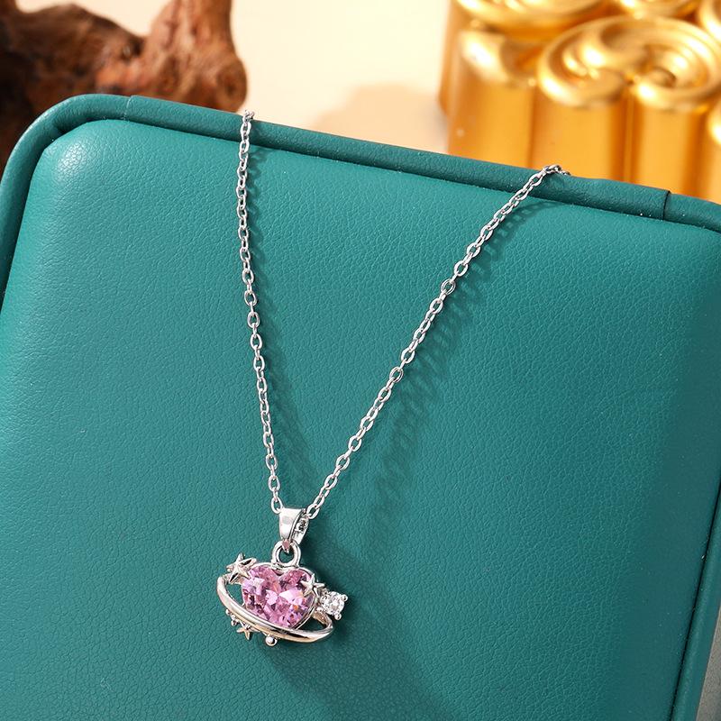 [Micro-Set Pink Zircon Titanium Steel Necklace Sweet Light Luxury Fashion Choker Jewelry]