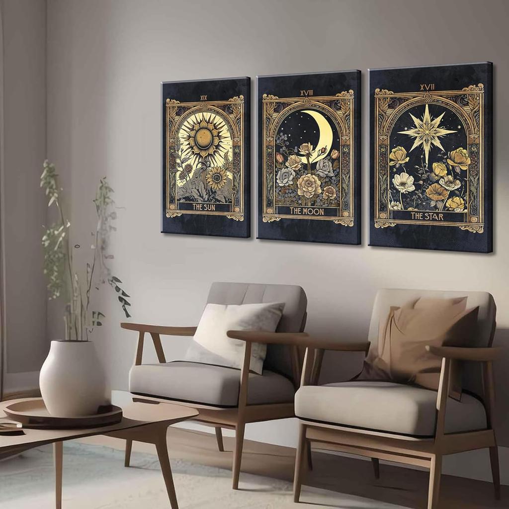 Tarot Cards Celestial Canvas Wall Art Set of 3 Boho Mystic Astrology Paintings Pictures Wall Decor Star Sun and Moon Posters Prints for Living Room