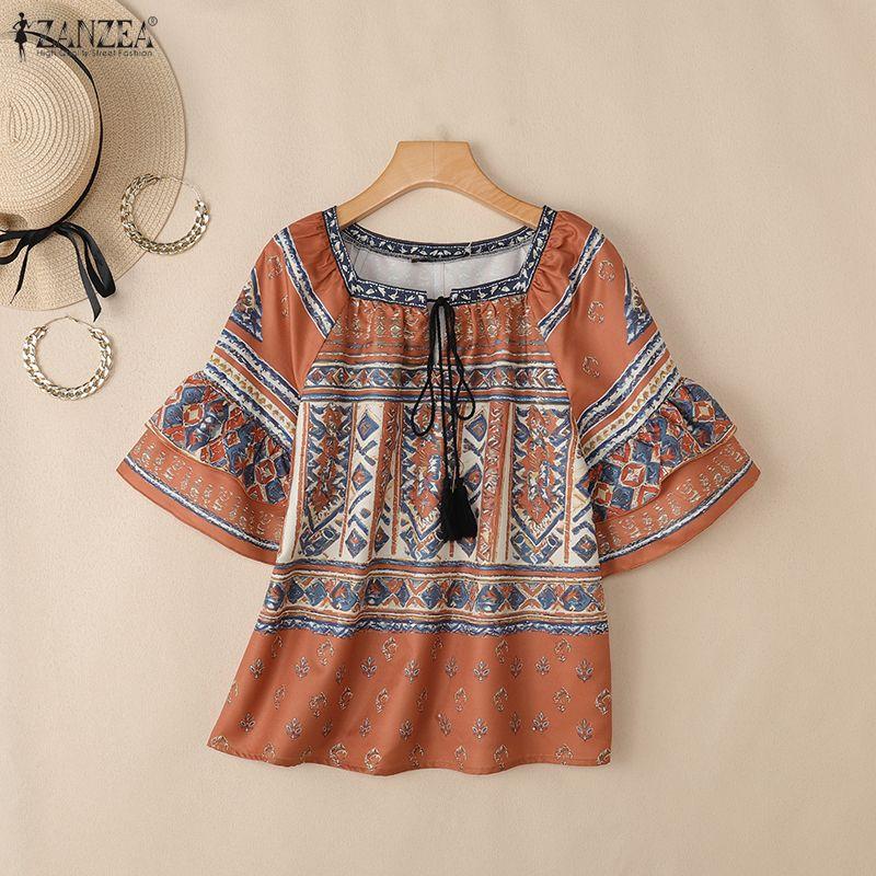ZANZEA Women Summer Casual Square Collar Half Sleeve Loose Ethnic Print Blouse