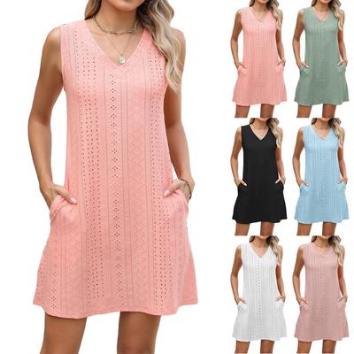 New Women's Solid Color V-neck Palace Lace Casual Pocket Summer Dress Leisure Europe America