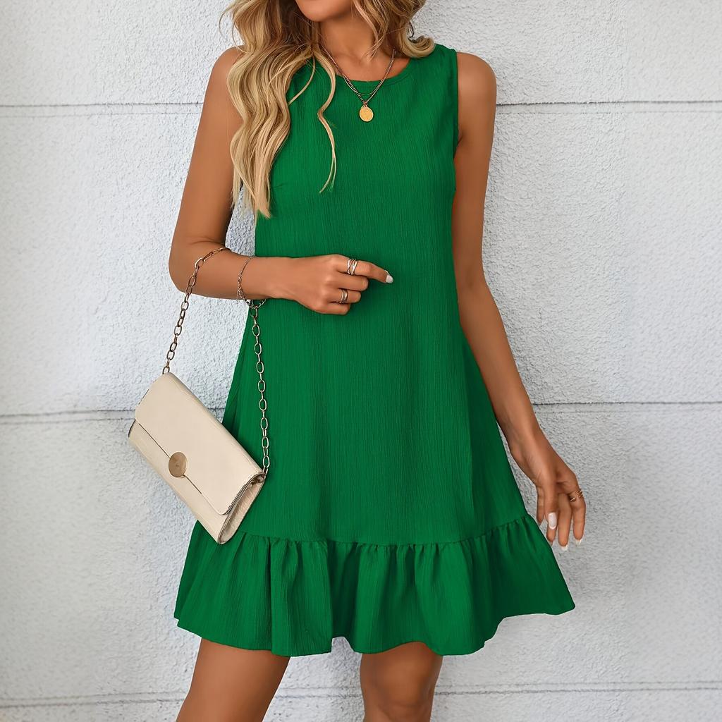 Summer new European and American sleeveless ruffle A-shaped dress casual fresh solid color vest skirt