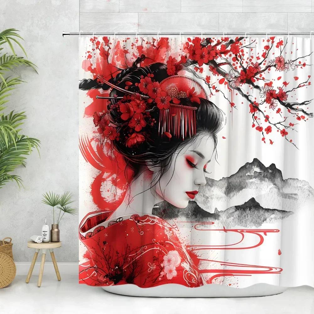 Exquisite Oriental Art Shower Curtain - Geisha, Cherry Blossom & Panda Designs for Unique Bathroom Décor, Waterproof & Easy Care
