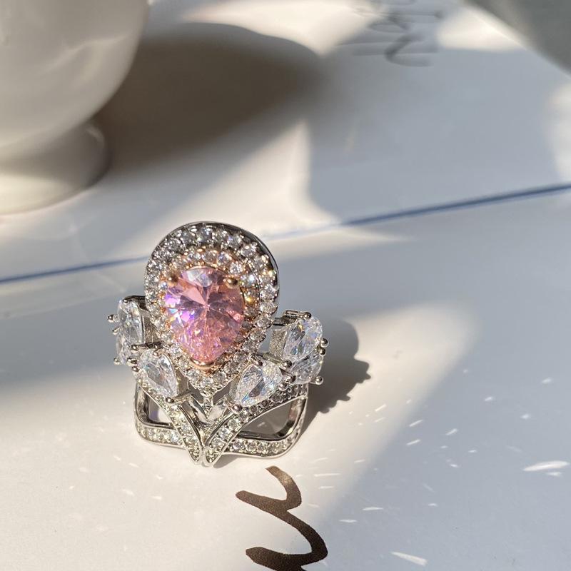 Princess Pink Premium Plated 18K Rose Real Gold Full Diamond Ring Two-Color Treasure Crown Ring Jewelry Women