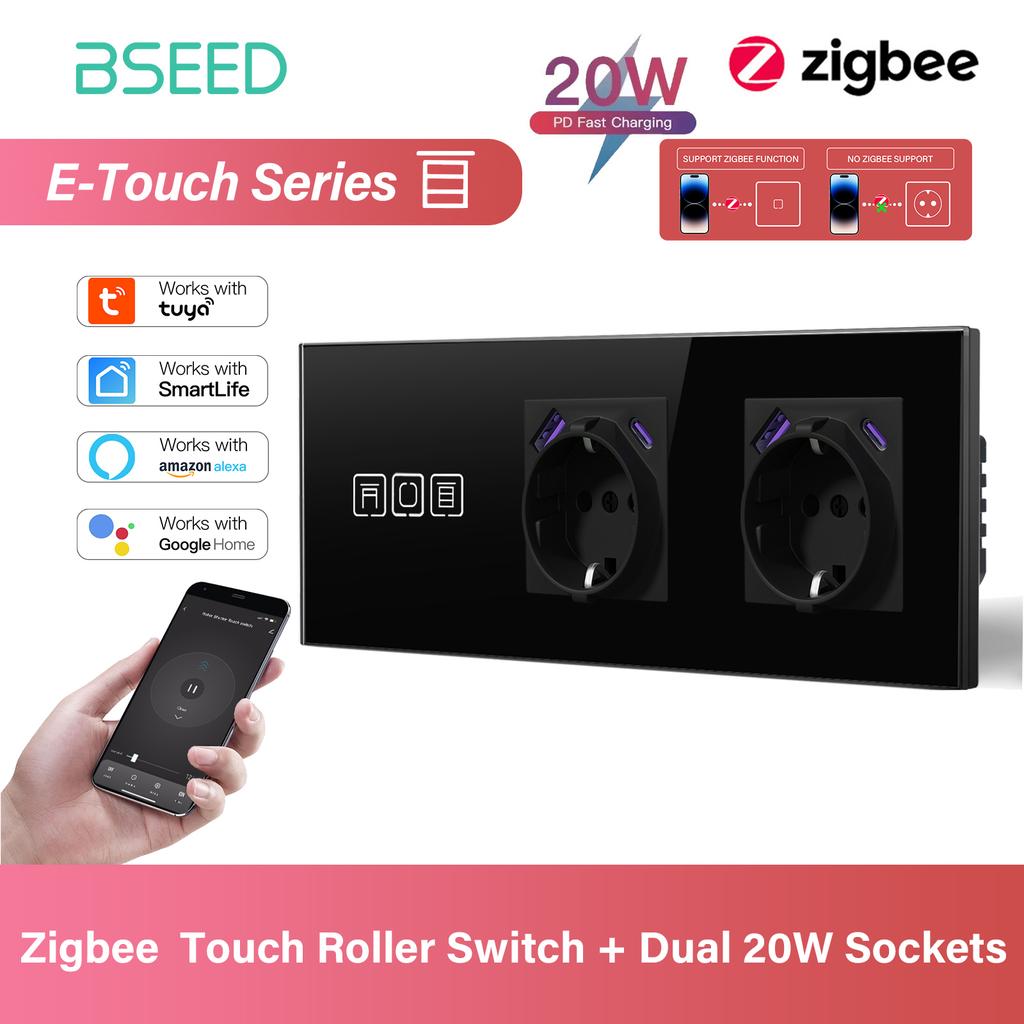 BSEED Zigbee Smart Blind Switch Electric Roller Shutter Switch With EU Socket USB Type-C Port Tuya Alexa Smart Life App E Series
