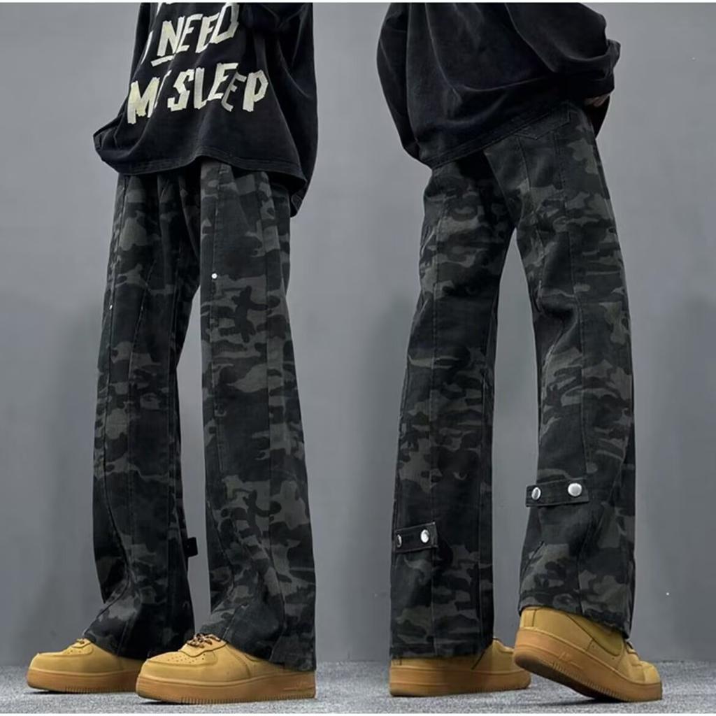 Vintage High Street Camouflage Tooling Jeans Men's Autumn and Winter Velvet American Splicing Design Sense Loose Straight Long Pants