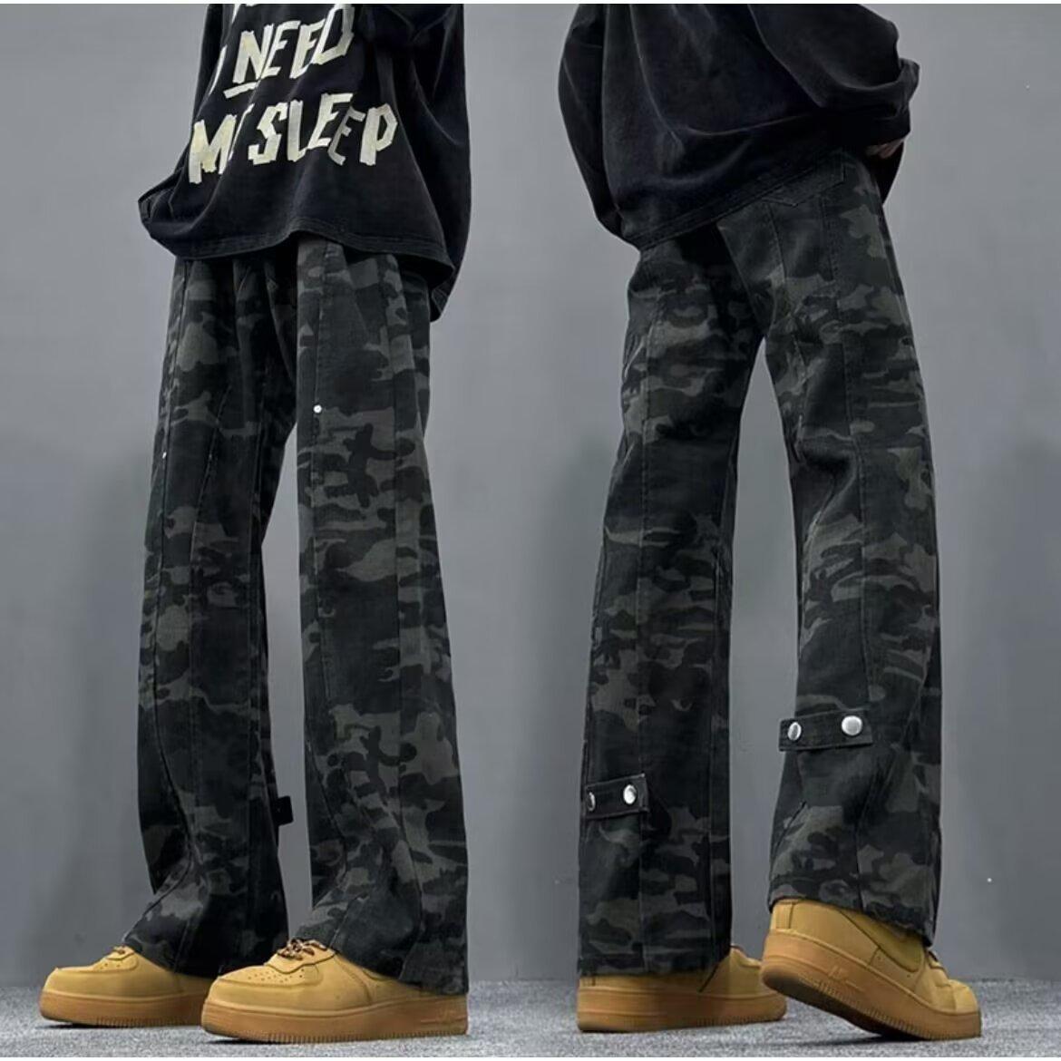 

American high street camouflage jeans men s autumn retro vibe pants high-waisted scimitar logging overalls 3XL зелений