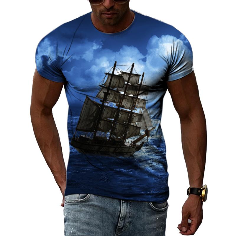 Sommer Segelboot Auf Meer Grafik T Shirts Männer Mode Lässig Persönlichkeit 3D Gedruckt Rundhals Kurzarm Streetwear T-shirts Tops