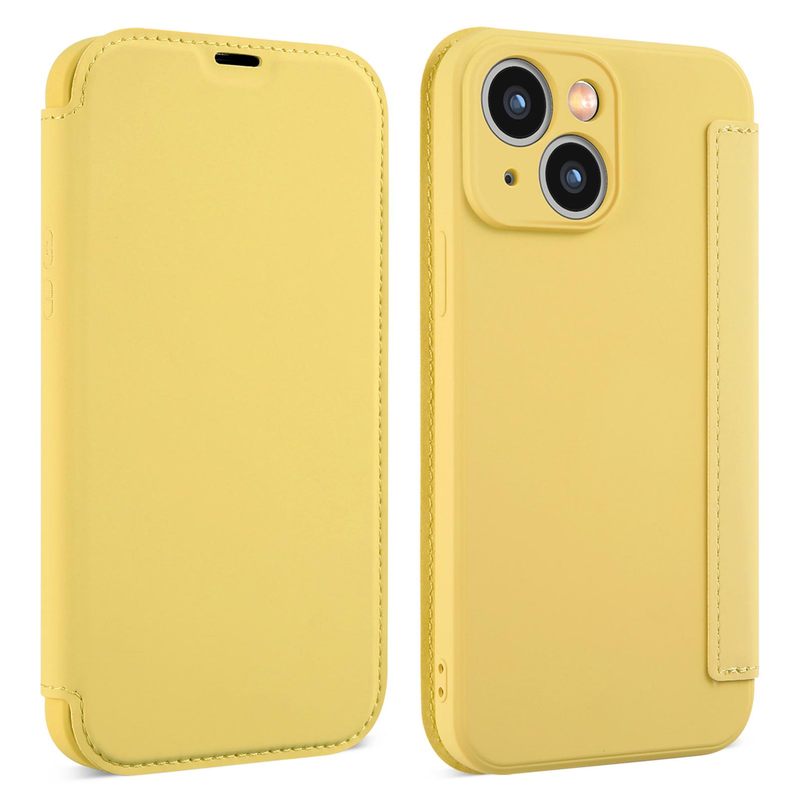 

For iPhone 15 Card Holder Kickstand Liquid Silicone Bump Proof Protective Case Skin-touch Phone Cover Yellow