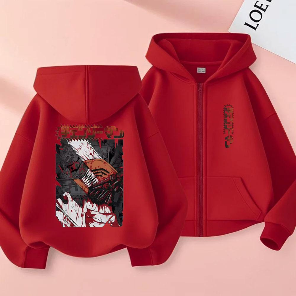 Japanischer Anime Chainsaw Man Denji Pochita Doppelseitiger Druck Reißverschluss-Hoodie Herren Damen Mode Manga Übergroße Zip-Up-Jacke Mantel